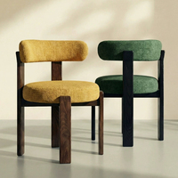 Chaise de salle à manger en bois massif de style Mid-Century Modern, siège rond rembourré en lin texturé, dossier bas, chaise de loisirs