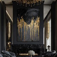 Peinture à l'huile abstraite noire et or de luxe, art mural minimaliste en feuille d'or pour maison moderne