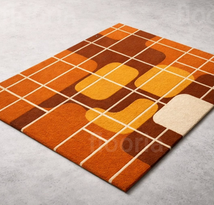 Tapis géométrique rectangulaire mi-siècle en laine et acrylique, tissé à la main, antidérapant, pour salon, motif orange et marron, poils moyens - Product Image 6