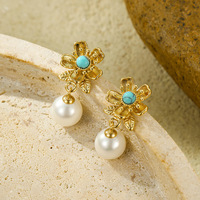 Boucles d'oreilles pendantes Novirassine de luxe en pierre naturelle, motif floral, tendance, turquoise, acier inoxydable, plaqué or 18 carats, pour femme, idéales pour les soirées