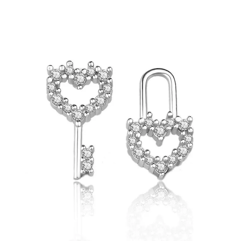 2SHE Jewelry 925 Sterling Silver Heart Lock and Key Stud Earrings for Women