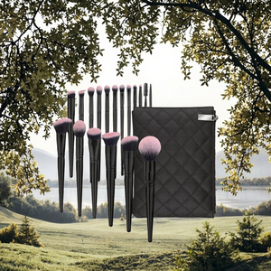 Juego de brochas de maquillaje profesional de 18 piezas, mango negro con punta de cerda rosa, cerdas veganas y mangos ergonómicos para uso facial - Product Image 6
