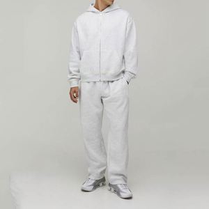 Ensemble de survêtement deux pièces pour homme, personnalisable, uni, avec sweat à capuche zippé et pantalon de survêtement coupe droite, couleur Heather clair - Product Image 4