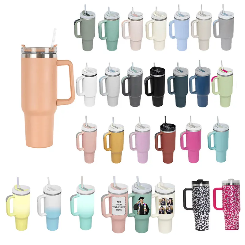 Custom Logo 40oz Insulated Vacuum Flasks Stainless Steel Portable Water Bottle Travel Mug With Handle And Straw Quencher Tumbler