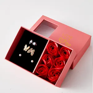 Valentijnsdag Luxe Stijve Magneet Karton Sieraden Opslag Bloem Verpakking Doos Met Pvc Raam