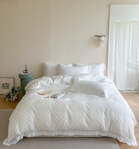 Parure <span class=keywords><strong>de</strong></span> lit 4 pièces en polyester 400TC, douce, toutes saisons, à motifs écossais brodés <span class=keywords><strong>de</strong></span> fleurs coupées à bords frangés, rose matcha et kaki - Product Image 6