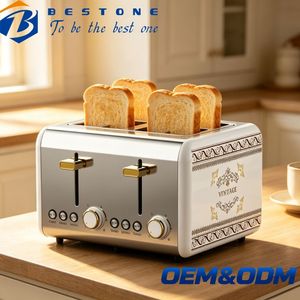 Grille-pain BESTONE 4 tranches en acier inoxydable avec minuterie mécanique, fonctions de décongélation, de réchauffement et d'annulation, pour usage domestique, avec revêtement à motifs - Product Image 1