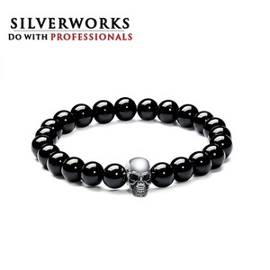 SILVERWORKS Charcoal Black Volcanic Lava Stone <b>Bead</b> <b>Bracelet</b> with 925 Silver <b>Beads</b> - Product Image 2