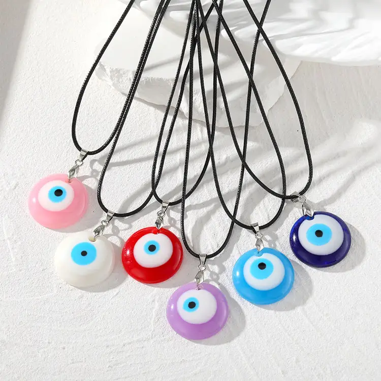 Türkische Lucky Nazar Amulett Wachs Seil Halskette Männer 3cm Runde Oval Lila Rosa Blau Acryl Evil Eyes Anhänger Halskette für Frauen