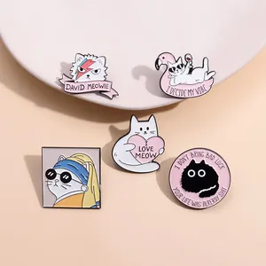 Bros kucing lucu desain kustom Saya cinta MEOW hitam putih kucing kartun halus pin lapel pin enamel