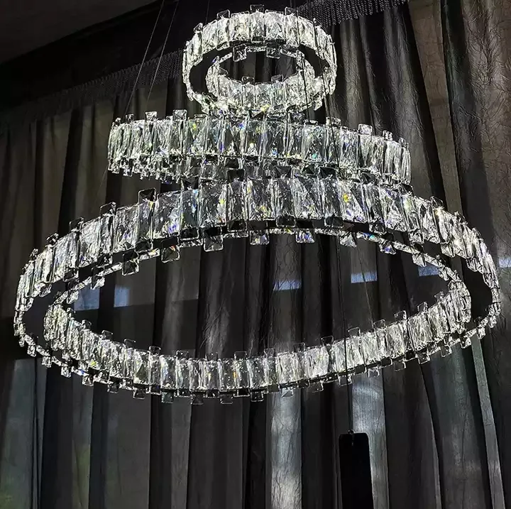 Lustre clássico de cristal, lustre para sala de estar, teto, luz branca, três anéis