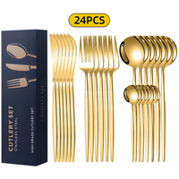 Lot de 24 couverts dorés en acier inoxydable, couteaux, fourchettes, cuillères, style portugais, plaqué or, avec boîte