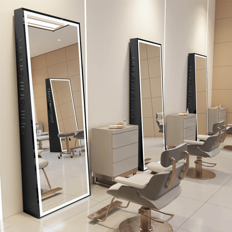 Single-sided floor mirror-black stainless steel frame-with light
