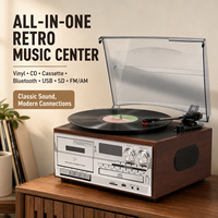 G30145 Lecteur de disques vinyles en bois 9-en-1 avec USB, lecteur CD, magnétophone, radio AM/FM, phonographe, Bluetooth et haut-parleurs