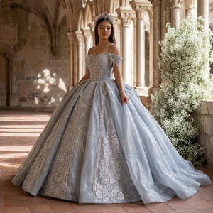 Robe de soirée de bal bleu brume moderne pour Quinceañera et Sweet 15, avec appliques, perles et dentelle, longueur ras du sol et traîne chapelle - Product Image 1