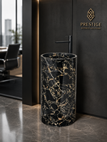 Wastafel Pedestal Marmer Bunga Hitam Emas Mewah Modern Ramah Lingkungan untuk Kamar Mandi Hotel Rumah Vila