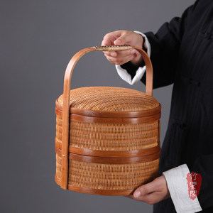 Handmade Double Layer <b>Bamboo</b> <b>Basket</b> With Lid Round Food Container For Kitchen Storage - Product Image 1