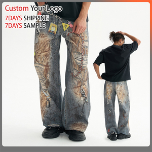 Manufacturers High Quality Fashion Denim Jeans Hip Hop Designer Vintage Custom 3D Print Distressed Baggy Short for <b>Men</b> Jeans - Product Image 3