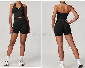 Conjunto de Yoga sin Costuras para <span class=keywords><strong>Mujer</strong></span>, Sujetador Deportivo, Camiseta sin Mangas, Leggings de Cintura Alta, Pantalones Cortos de Ciclismo, Chaqueta con Cierre, Ropa Deportiva para Entrenamiento - Product Image 4