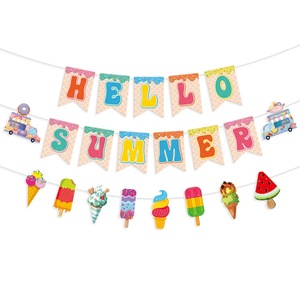 Decoración hawaiana HELLO SUMMER Ice Cream Pull Flag helado donuts decoración de fiesta de verano latte - Product Image 1