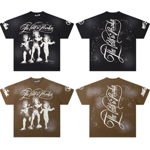 Camiseta de algodón grueso lavado, sin tejer, lisa, de corte holgado, estilo hip-hop, informal, de manga corta, antiarrugas - Product Image 4