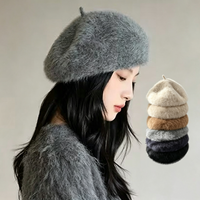 Béret en fourrure d'angora douce et moelleuse pour femme, couleur unie, chaud, en peluche, style peintre, chapeau d'hiver vintage, couvre-chef quotidien pour femme, automne