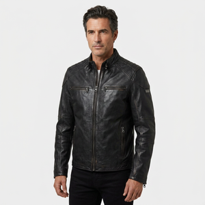 Chaqueta de Cuero Genuino Negra para Hombre, Ajustada, Estilo Motero, Cafe Racer, de Piel de Vacuno, con Hombros Acolchados, Clásica, Personalizada, Cálida para Invierno - Product Image 1