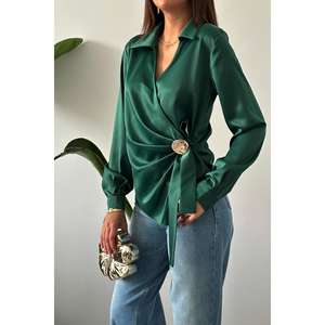 Blusa de Satén con Detalle de Botones Esmeralda, Estilo Vintage a Cuadros, Sólida, Formal para Uso Diario, Primavera, Verano, Otoño, Talla XL, con Encaje para Oficina - Product Image 2