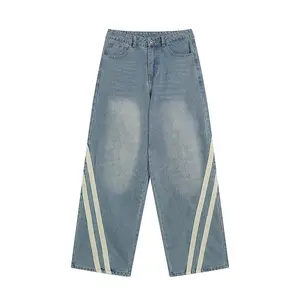 Pantalones vaqueros personalizados de fábrica, tendencia de invierno para hombre, nuevos pantalones vaqueros rectos con costuras a rayas lavadas retro, talla para hombre