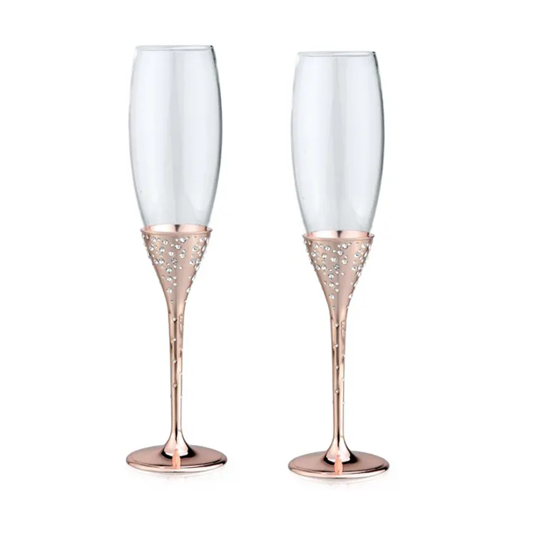 Kacamata anggur, grosir logo kustom seruling dengan batang logam dan 294 buah kristal bening mawar emas berlapis pernikahan gi