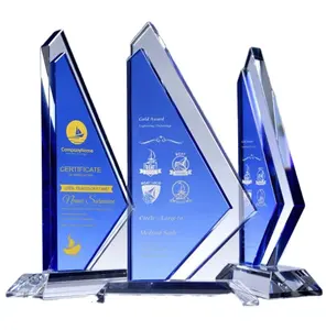 AA428 Latest designs clear blue sailing glass trophy award for engraving