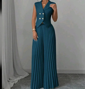 C0330 Conjuntos de Ropa Moderna para <span class=keywords><strong>Mujer</strong></span>, Trajes de Oficina, Chaleco con Cuello en V y Pantalones Anchos Plisados, Conjunto de Dos Piezas - Product Image 5