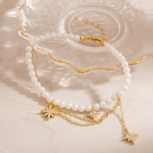 Collier de perles à double rangée, chaîne dorée, pendentif nœud et étoile en strass, bijoux pour femme à porter au quotidien - Product Image 2