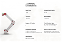 Bras robotique collaboratif JAKA Pro12, charge utile de 12 kg, portée de 1327 mm, 6 axes, cobot, répétabilité de ±0,03 mm pour l'assemblage, la manutention et le soudage