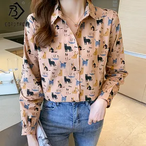 Vintage Cat Print Shirt Women Girls Cute Blouse Tops Prepply Style Long Sleeve Casual Spring Autumn T1D305A