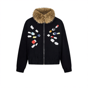 Chaqueta de Algodón con Cuello Alto y Cremallera, Bordada, Estilo Retro Americano, Creativa y Divertida, para Hombre y Mujer, Abrigo Cálido y Versátil para Invierno 2025 - Product Image 1