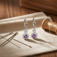 Anting-anting gantung Amethyst Perak 925 yang lucu, bertabur CZ, bergaya bunga, mewah untuk remaja putri, cocok untuk pemakaian sehari-hari, pesta pernikahan, hadiah.