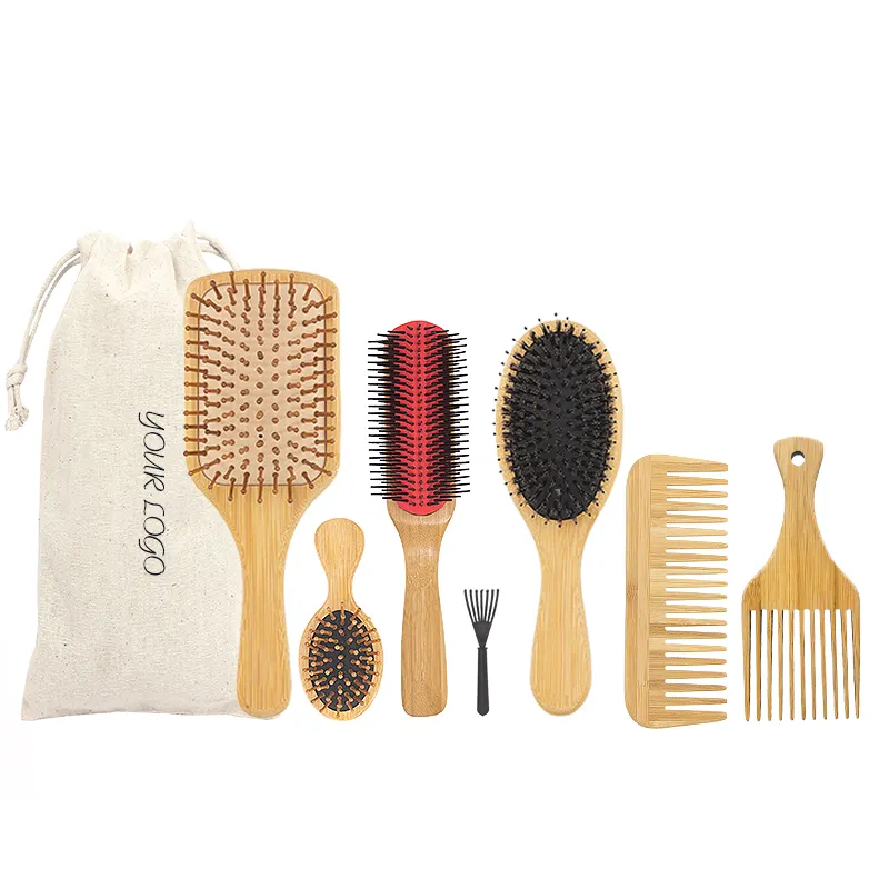 Set regalo personalizzato per spazzole per capelli con Logo Set di pettine e spazzole per capelli con manico lungo in legno di bambù naturale