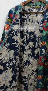 Floral Print Maxi Robe Loose Fit <b>Three</b> Quarter Sleeve Collared Neck Woven Velvet Casual Summer Dressing Gown With Belt - Product Image 4