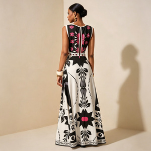 Elegante Vestido Largo Casual sin Mangas con Cintura Imperio, Estampado Floral y Patrón Geométrico para Uso Diario en Verano - Product Image 3