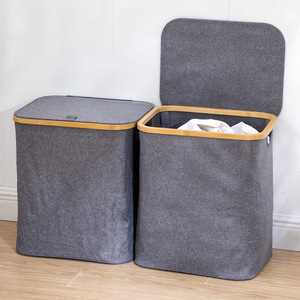 Bamboo <b>Laundry</b> Basket Rectangle Foldable Oxford Fabric Clothing Organizer Storage Basket Large Capacity Bathroom Use - Product Image 1