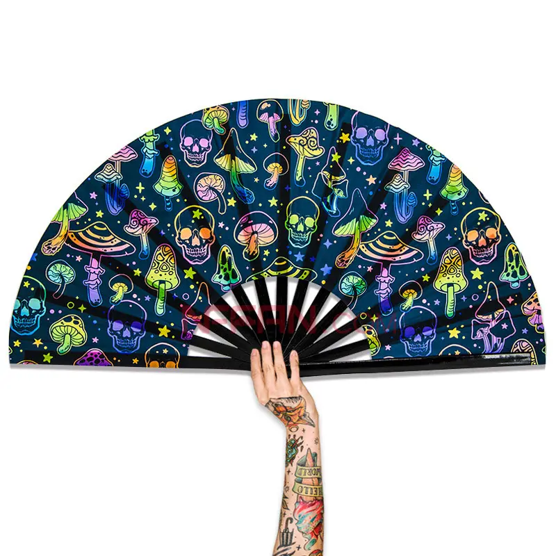 Kustom Dicetak Besar Dekoratif Kerajinan Bambu Lipat Kipas Tangan Clack Hand Held Fans Sebagai Wanita Rave Festival Pesta Aksesoris