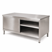 Table de travail de cuisine en acier inoxydable commercial 201 304 avec armoire à porte coulissante et étagère ouverte, table de préparation et de rangement pour restaurant