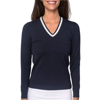 Pull en maille tricotée de haute qualité 12GG pour femme, col en V, style preppy, en mélange de laine douce, idéal pour le sport, le golf et le tennis, personnalisable en gros, fabrication OEM