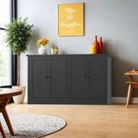 Buffet noir à 4 portes, armoire de rangement, style Shaker, armoire d'appoint pour salon, salle à manger, entrée, avec étagères