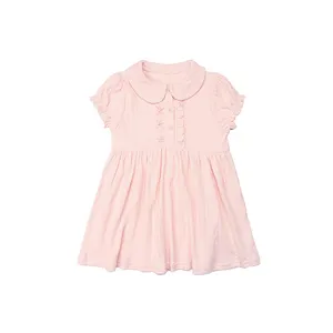 Kinderen Casual Jurk Kraag Baby Puff Korte Mouw Turn-Down Voor Meisje Roze Gele Zomer Effen Dames Korte Jurk Meisjes