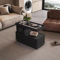 Table basse mobile intelligente avec charge sans fil, rangement, design moderne minimaliste, structure en bois massif, plateau en verre, meubles de salon