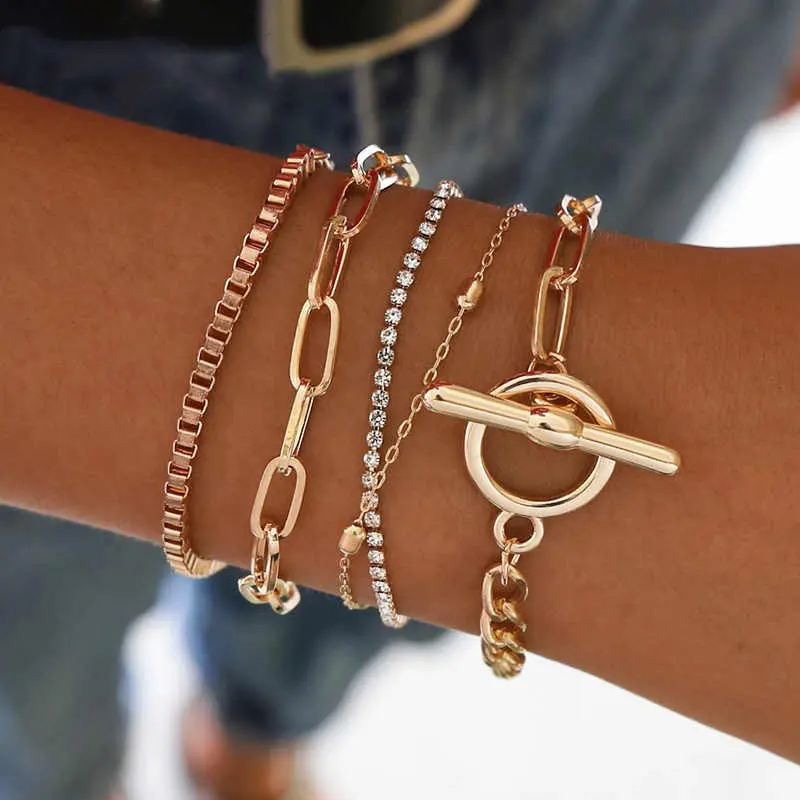 Boho fashion hip hop minimalist 5pcs gold plated chain tennis charm bracelets set women jewelry wholesale