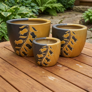 Ensemble de pots à fleurs en céramique jaune et noir, design floral, style rustique, pots de jardin extérieurs vernissés - Product Image 1