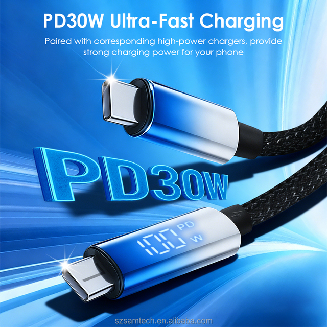 2026 Trends USB C to C Cable with LED Display 1.2m Fast Charging Nylon Braided 30W USB Fast Car Charger for Earphone BB37 Model